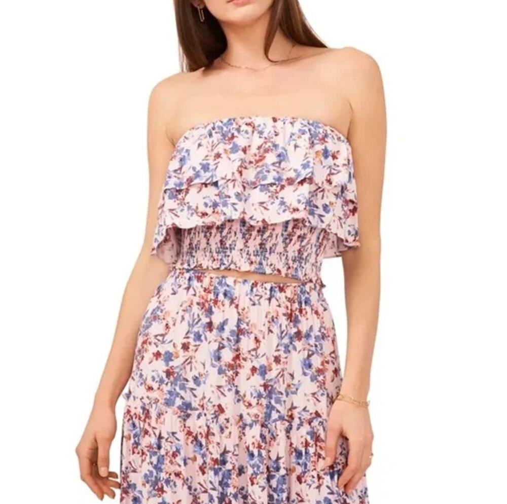 New 1.STATE REVOLVE Floral Pink Multi Strapless Smocked Ruffle Top Size XL